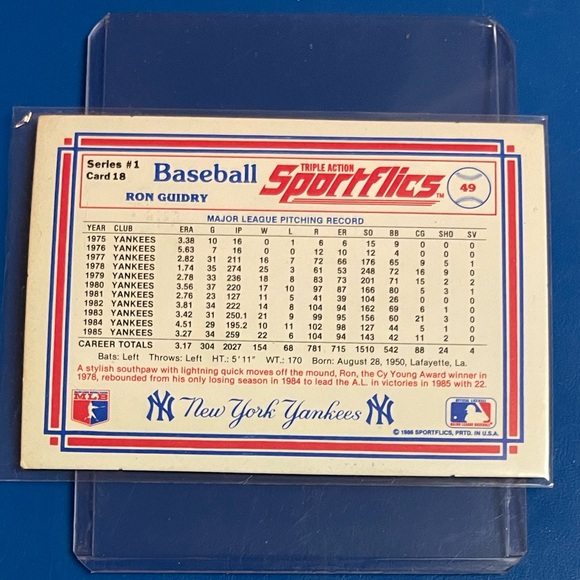 Ron Guidry #18 1986 Sportflics Baseball Trading Card - Picture 2 of 2